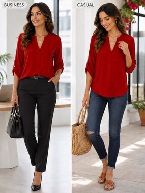 Gibson Latimer Bold Red Luxe Roll-Tab Blouse | Office Chic Resort Glam Top